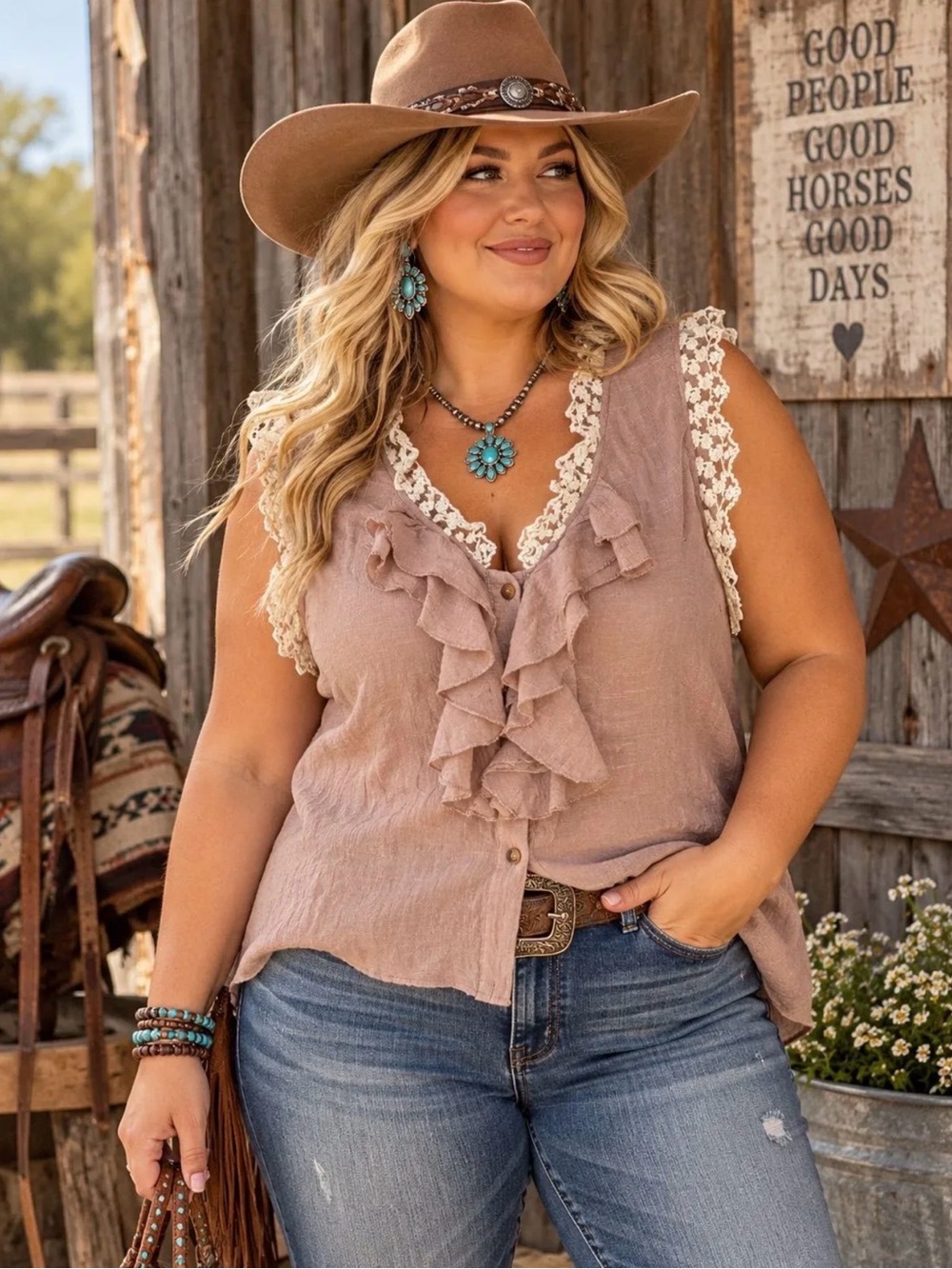 Urban Mango XL Boho Western Ruffle Lace Trim Button Front Top